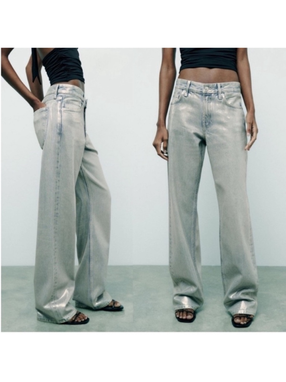 NEW! Blogger’s Favorite Zara Boho Metallic Wide Leg Jeans in Light Silver. 4. - Picture 3 of 16